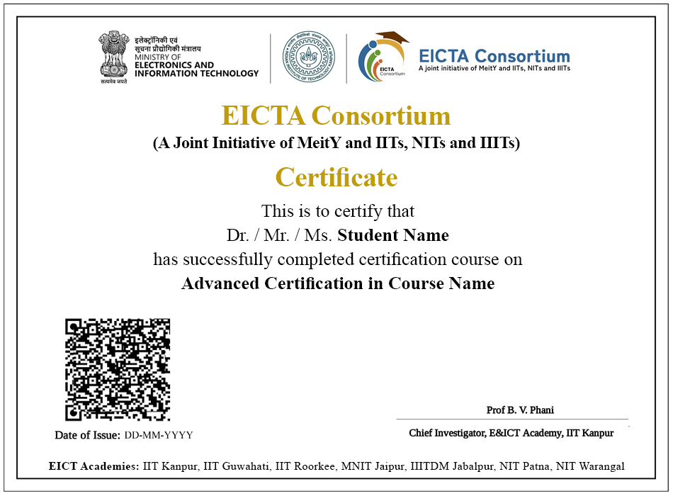 Sample EICTA Consortium certificate, a joint initiative of MeitY and the IITs, NITs and IIITs, signed by the Chief Investigator of the E&ICT Academy, IIT Kanpur